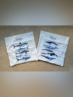 NEW Set of 2 Blue & White Whale & Shark Pillow Covers - 18”x18” - Covers Only